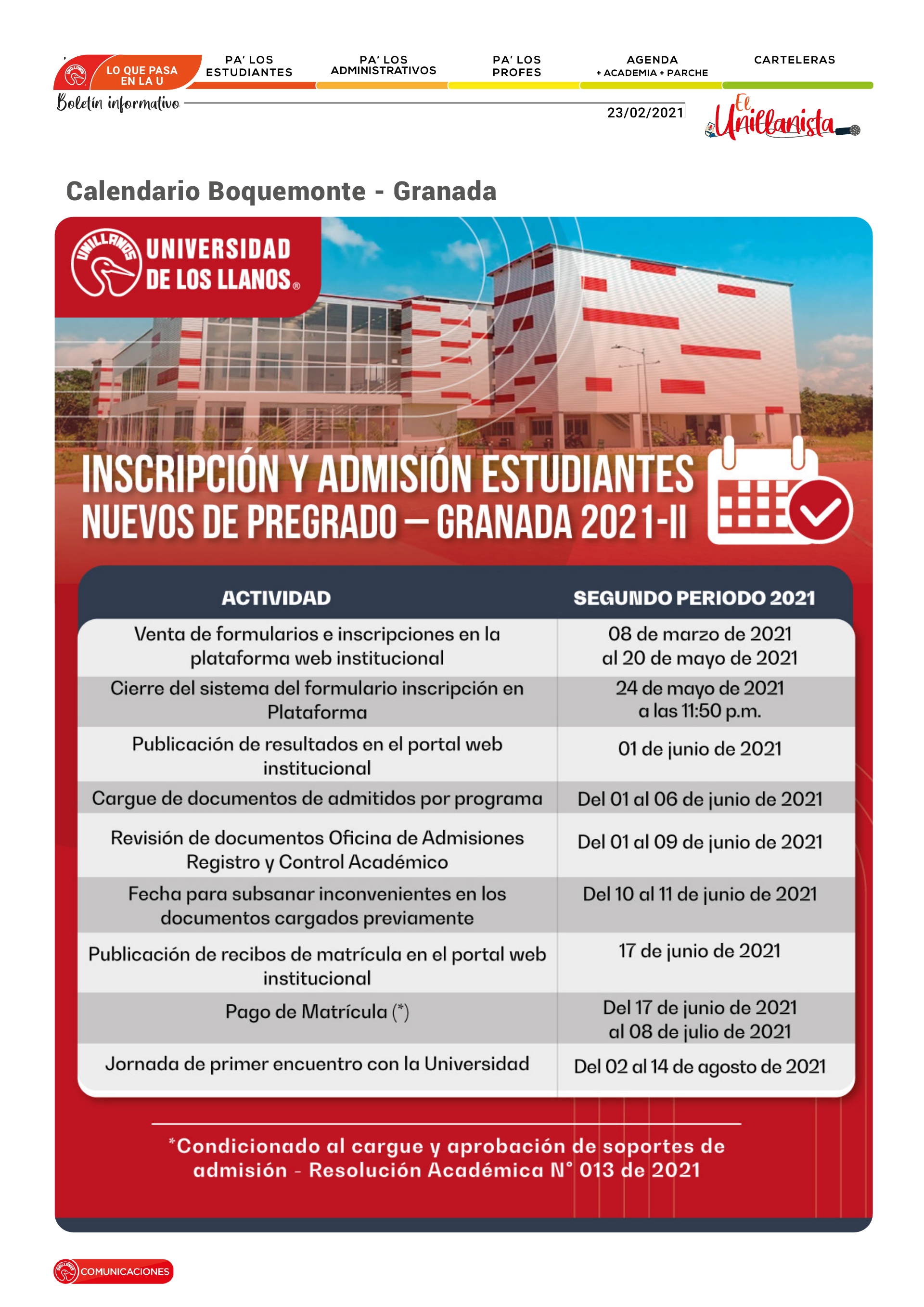 Conozca el calendario de inscripción y admisión en los campus de